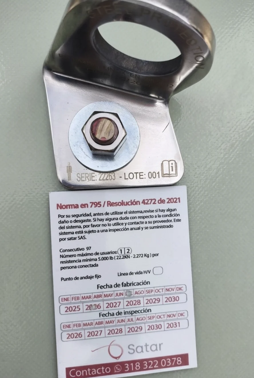Punto de anclaje certificado instalado e identificado por Satar según la Resolución 4272 de 2021